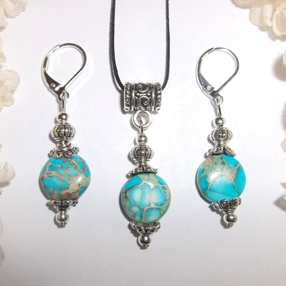 Turquoise Blue Sea Sediment Snakeskin Jasper Earring Necklace Jewelry Set 6885